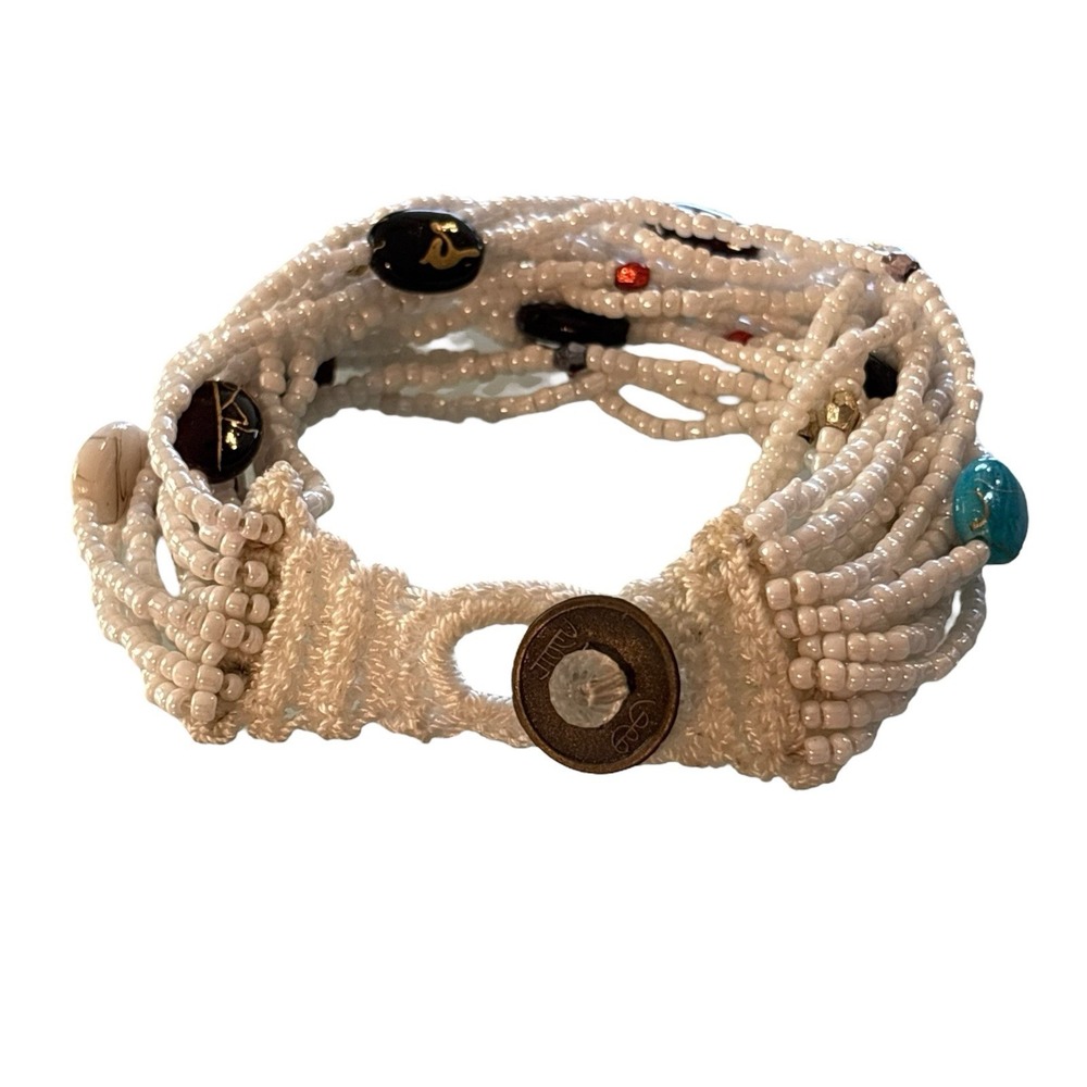 Bohemian‎ Bracelet White Seed Bead Multi Strand Ethnic Crochet Toggle Button - Picture 14 of 16